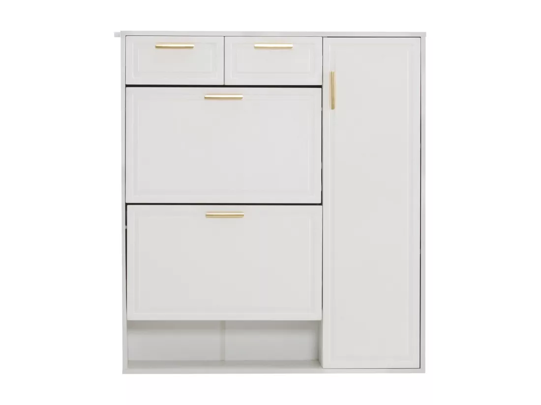Meuble à chaussures avec 3 portes et 2 tiroirs - 95 x 24 x 107.5 cm - Etagères réglables - Panneau de particules - Blanc