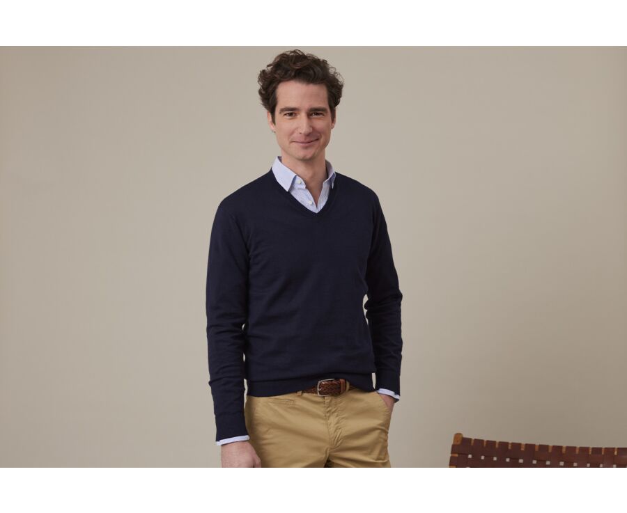 Pull fin homme col V coton bio/cachemire Navy - VALTON