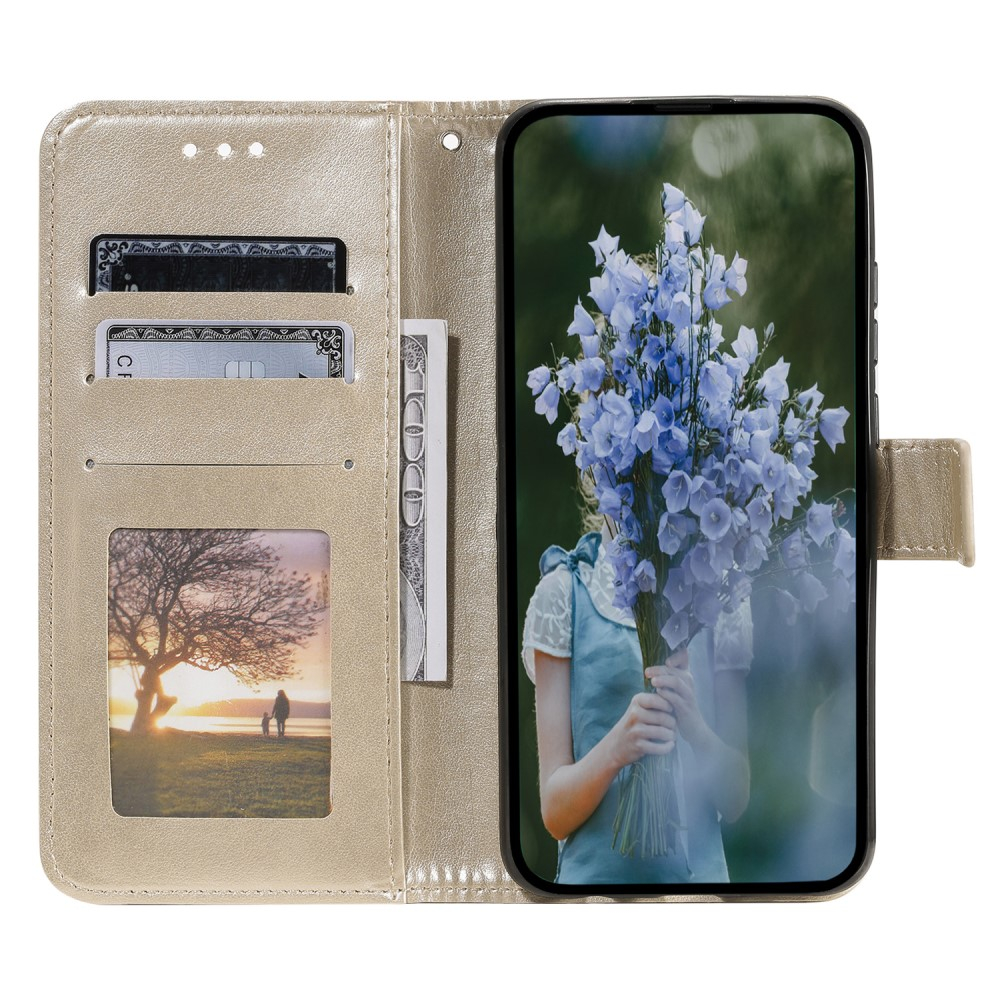 Samsung Galaxy S24 Leder Tasche Wallet - Mandala Flowers Imprint - Gold