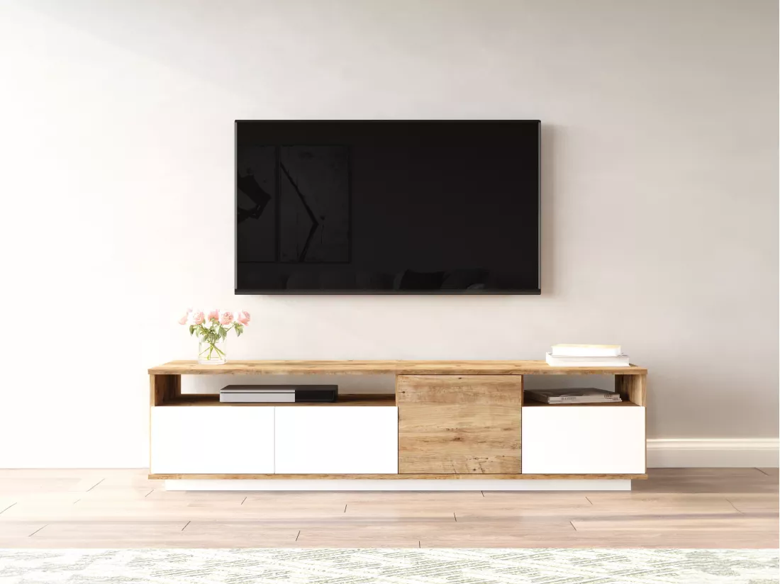 Meuble TV 4 portes et 2 étagères - Naturel clair et Blanc - CEDONA