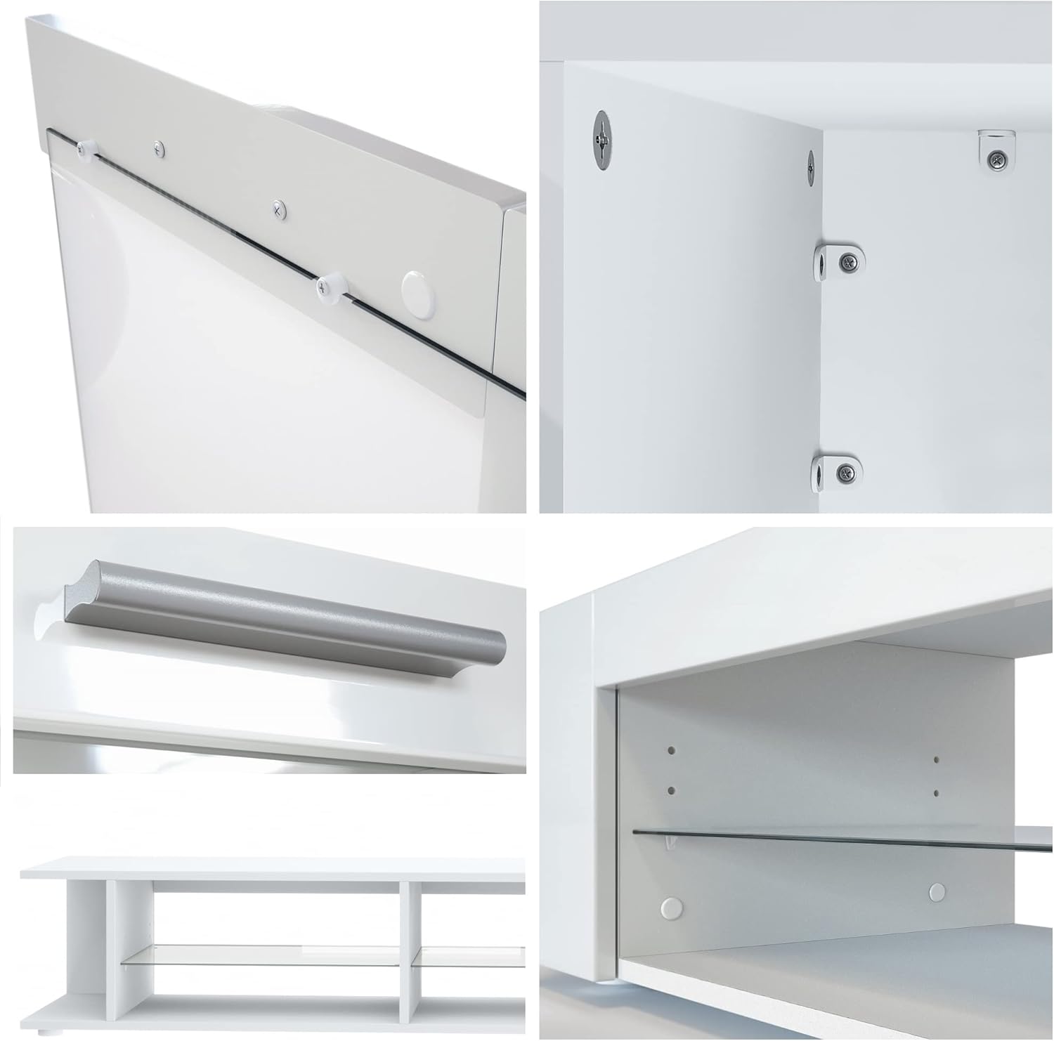 Vladon Wohnwand Movie, Anbauwand bestehend aus 1 TV-Board, 2 Vitrinen und 1 Regal, Weiß matt/Weiß matt/Schwarz Hochglanz (Gesamt: 300 x 190 x 39 cm)
