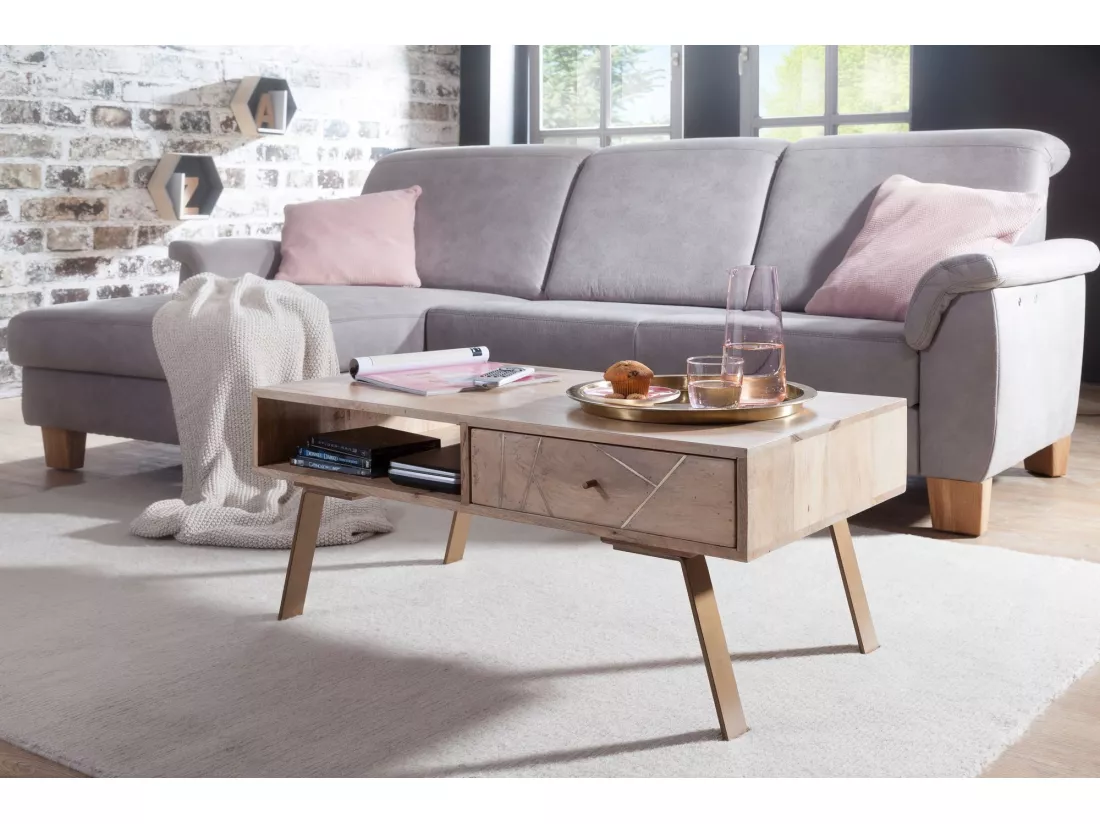 Table basse Sikar 95X42X50Cm En Bois Massif Solide / Métal Manguier