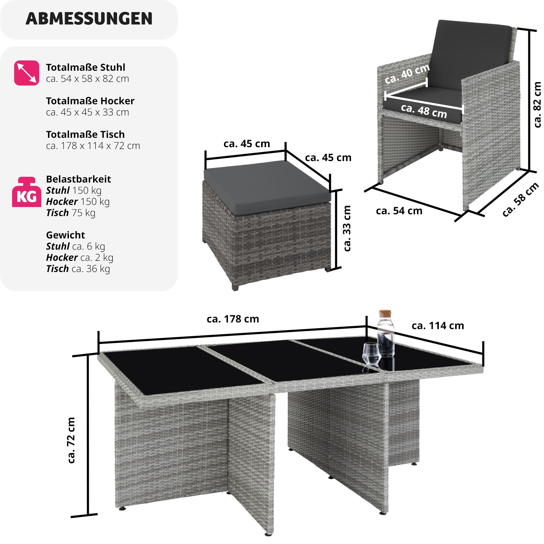 tectake® Rattan Sitzgruppe, mit Aluminiumgestell, wetterfest und UV-beständig, 2 Bezugssets, zusammenschiebbar, inklusive Schutzhülle