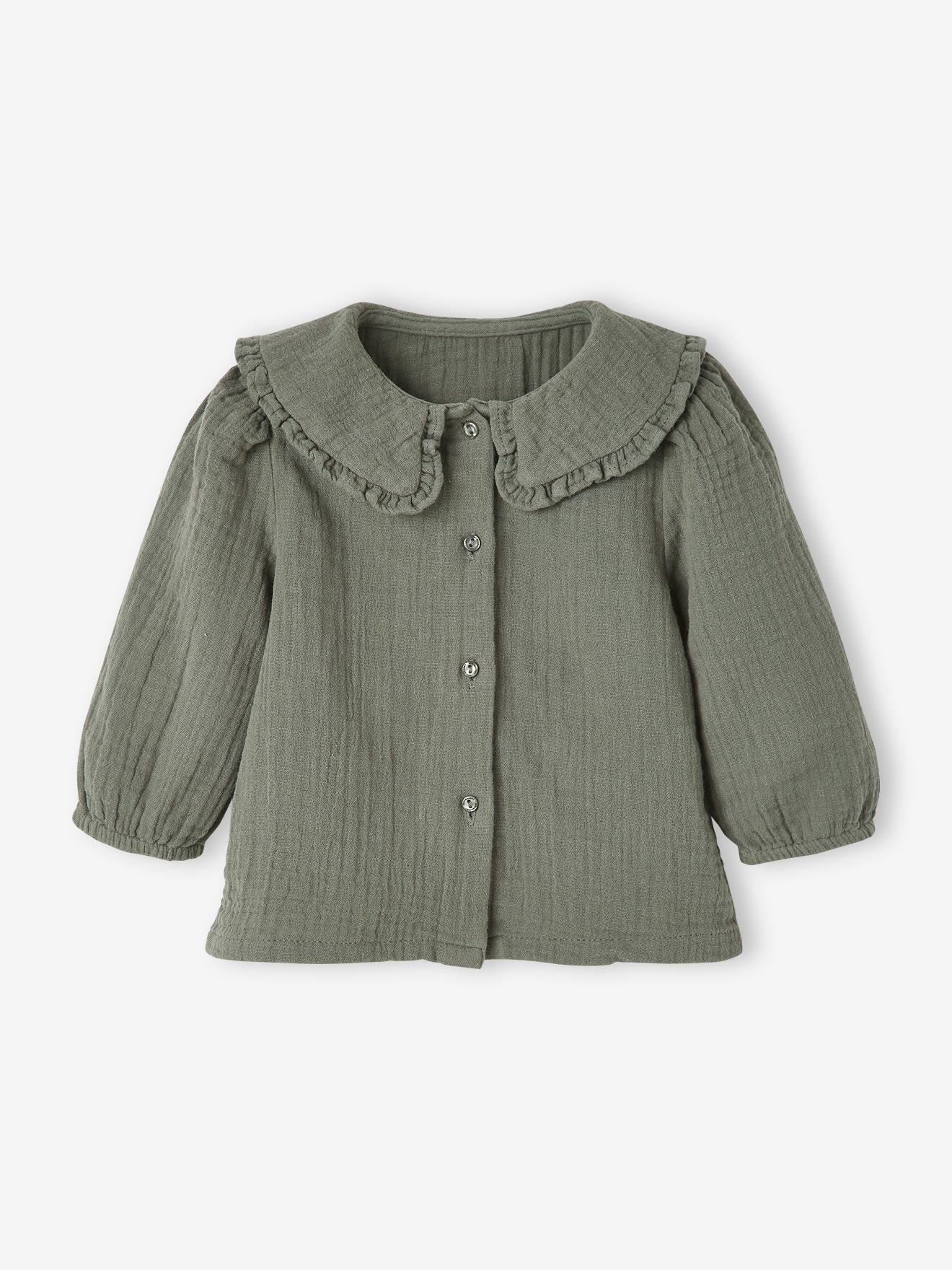 Blusa de chiffon de algodão para bebê, lisa, verde médio, com gola elegante.