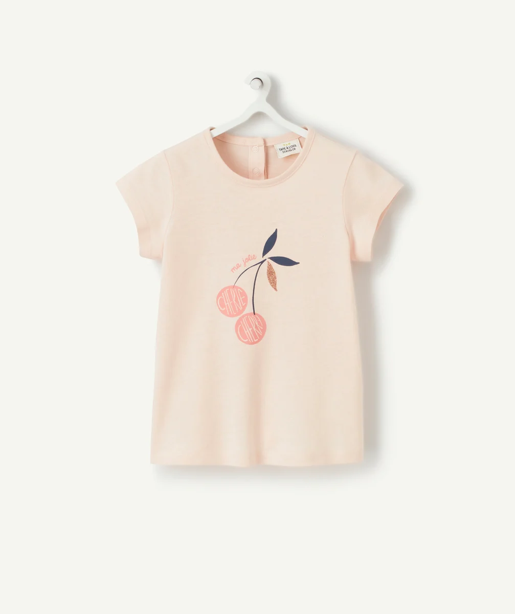 T-SHIRT BÉBÉ FILLE EN COTON BIOLOGIQUE ROSE AVEC CERISE