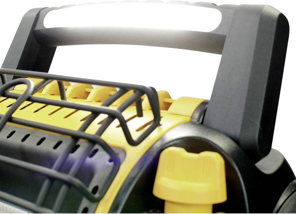 DEWALT DXRH012E Tragbarer Heizstrahler - 2/3 kw - wird direkt an (2) 450-Gramm-Gaskartuschen oder 11/12 kg LPG-Flaschen angeschlossen - Mit (3) USB-Anschlüssen und einer LED-Lichtleiste