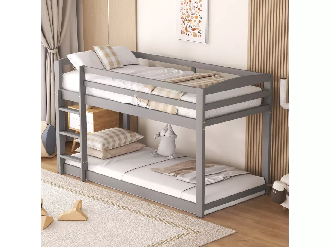 Lit superposé pour enfants et adolescents, structure en bois massif, montage facile, 90x200cm, gris
