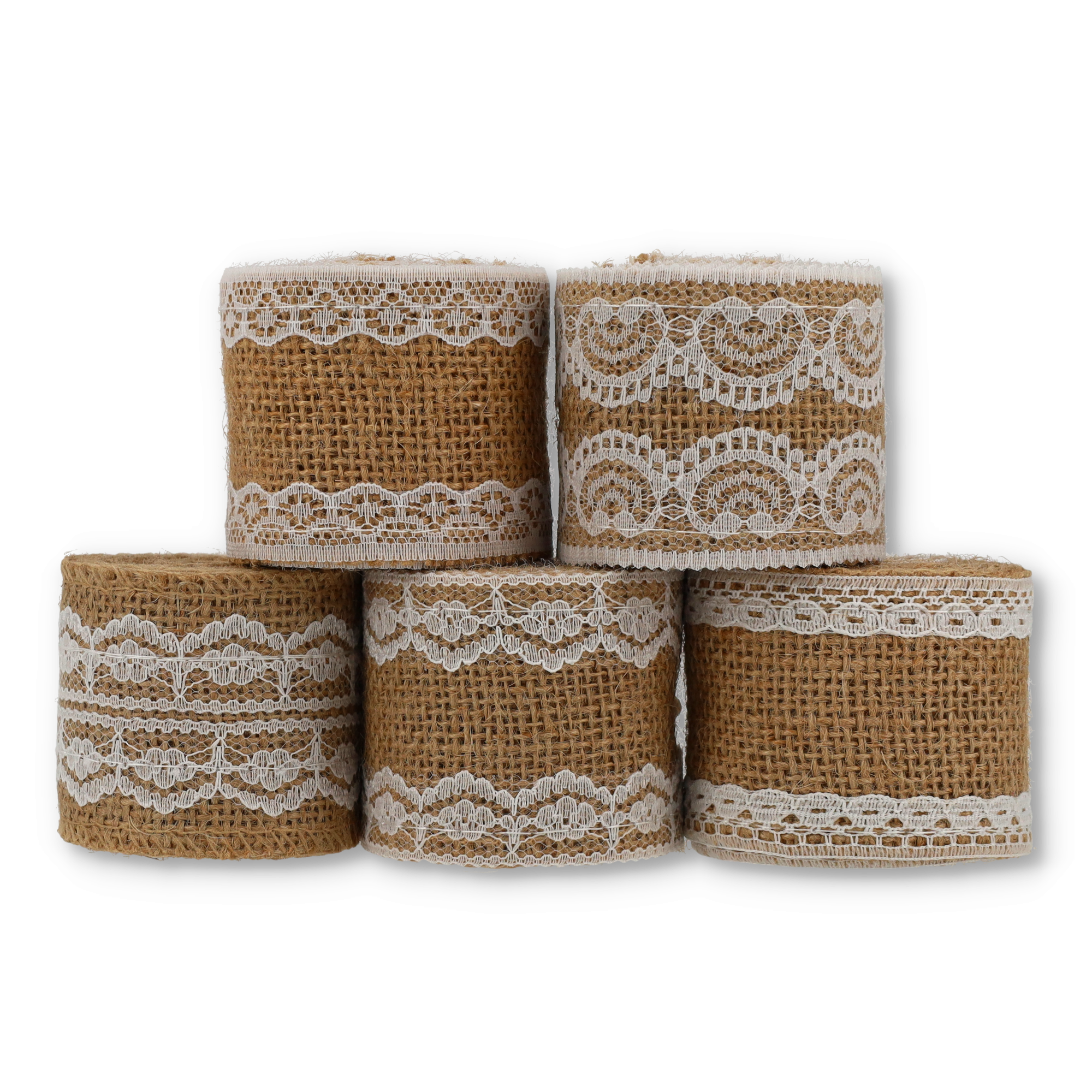 (5er Set) 50mmx2m Jute Geschenkband Vintage Deko Hygge Lifestyle Band mit Spitzenbordüre - Braun / Weiss