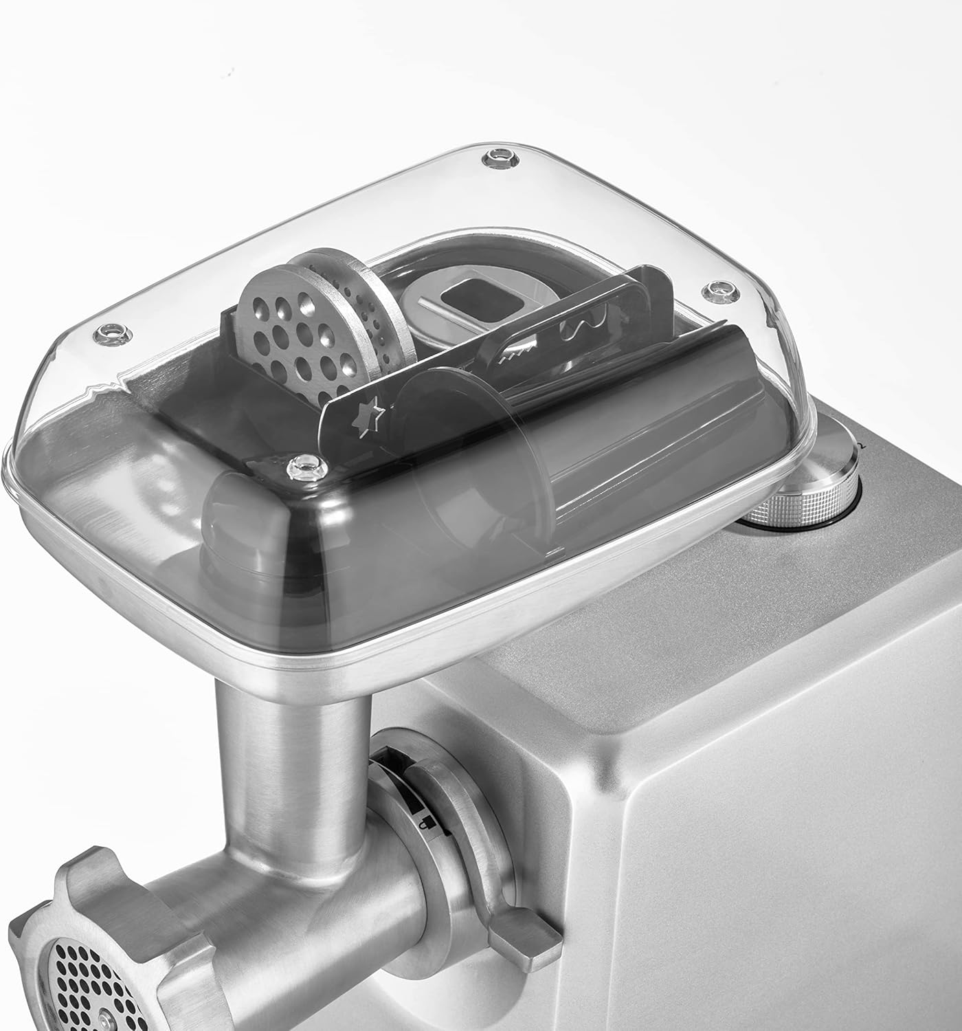CASO FW 2500 Silber, Fleischwolf mit leistungsstarken 2500 Watt, Testurteil: Sehr Gut, Titan Klinge, Rücklauf-Funktion, Zubehör inkl. Burgerpresse