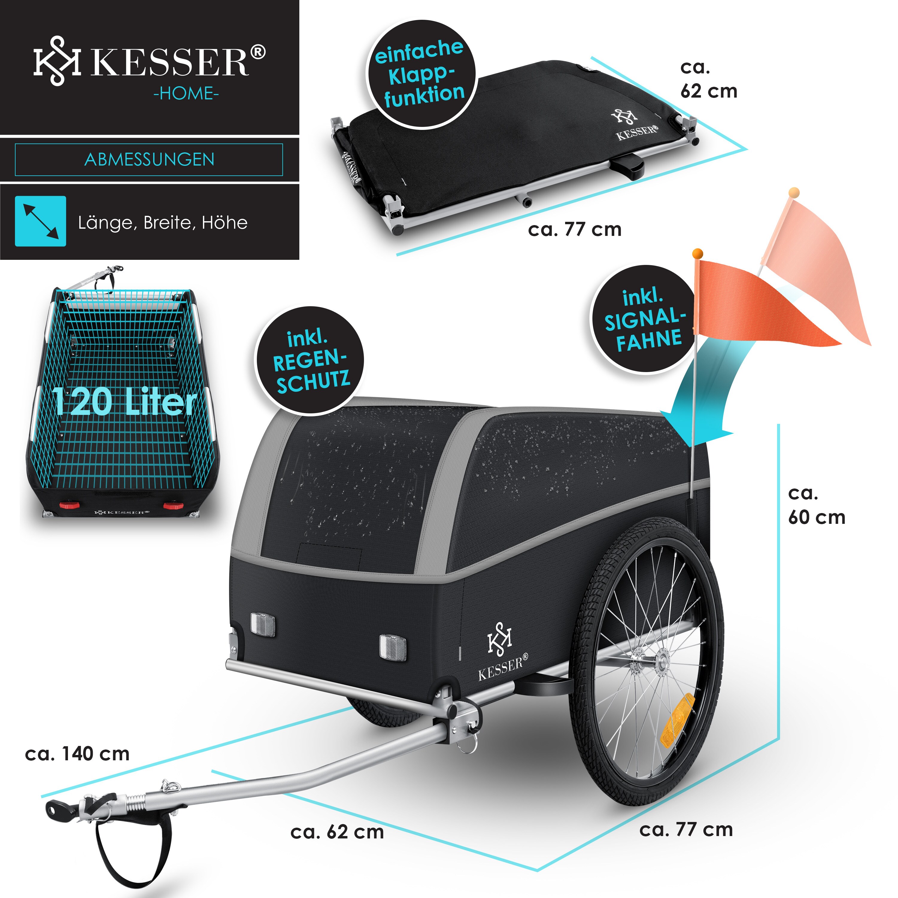KESSER® Fahrradanhänger Lastenanhänger Transportanhänger Hochdeichsel mit Kupplung, Inkl. AbdeckungKlappfunktion Hochdeichsel Anhänge für Fahrrad Transportbox mit 120 Liter Max. 40 kg