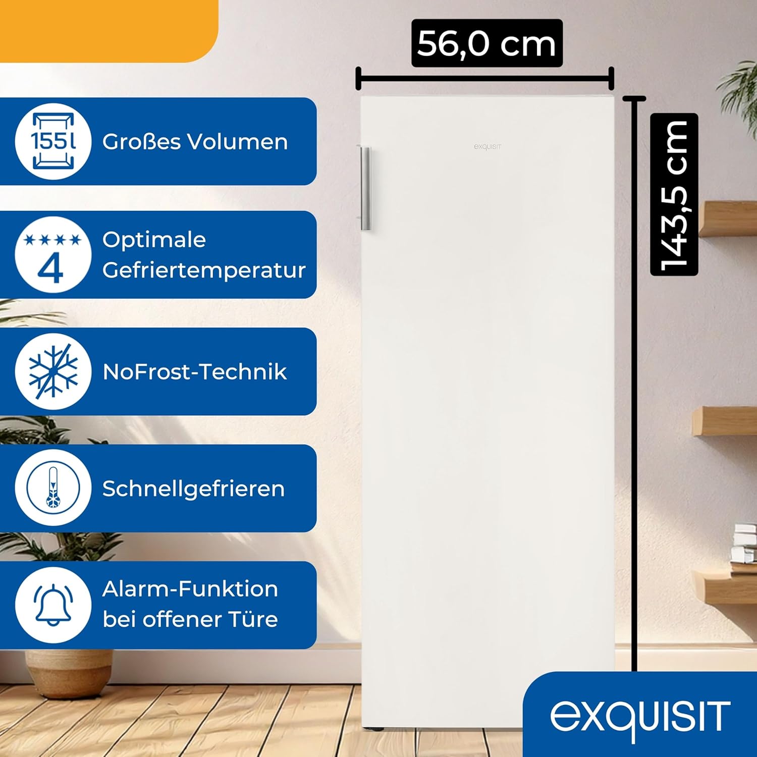 Exquisit Gefrierschrank NoFrost, Tiefkühlschrank groß, 155 Liter, Schnellgefrieren, Alarm-Funktion, GS5231-NF-H-010E weiss
