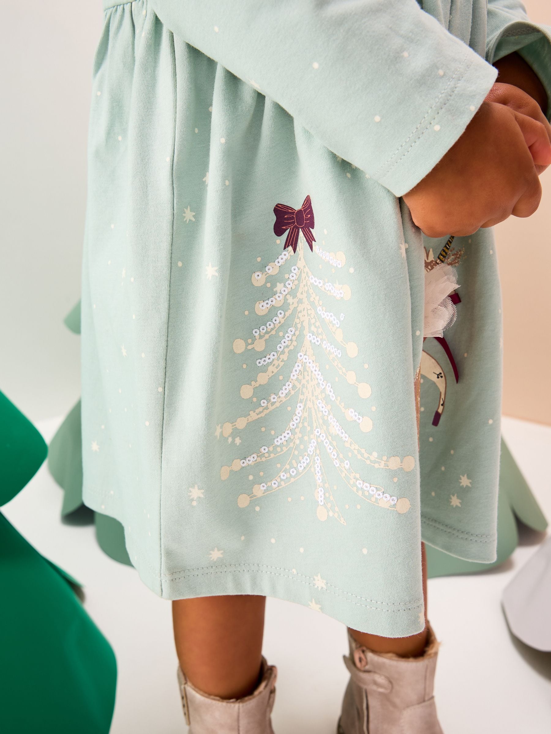 Blauw - Kerstjurk met lange mouwen en figuurtje (3mnd-7jr)