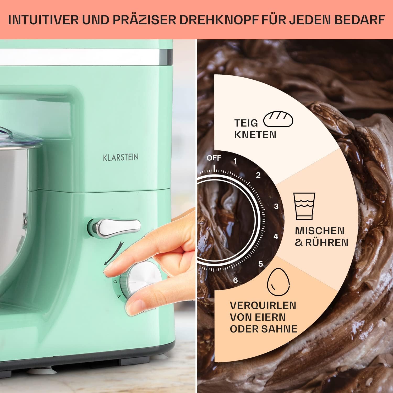 Klarstein Küchenmaschine, Knetmaschine mit 5L Schüssel, 1800W Profi Küchenmaschine mit Knethaken und Schneebesen mit 6 Stufen, Teigmaschine zum Rühren, Kneten und Aufschlagen