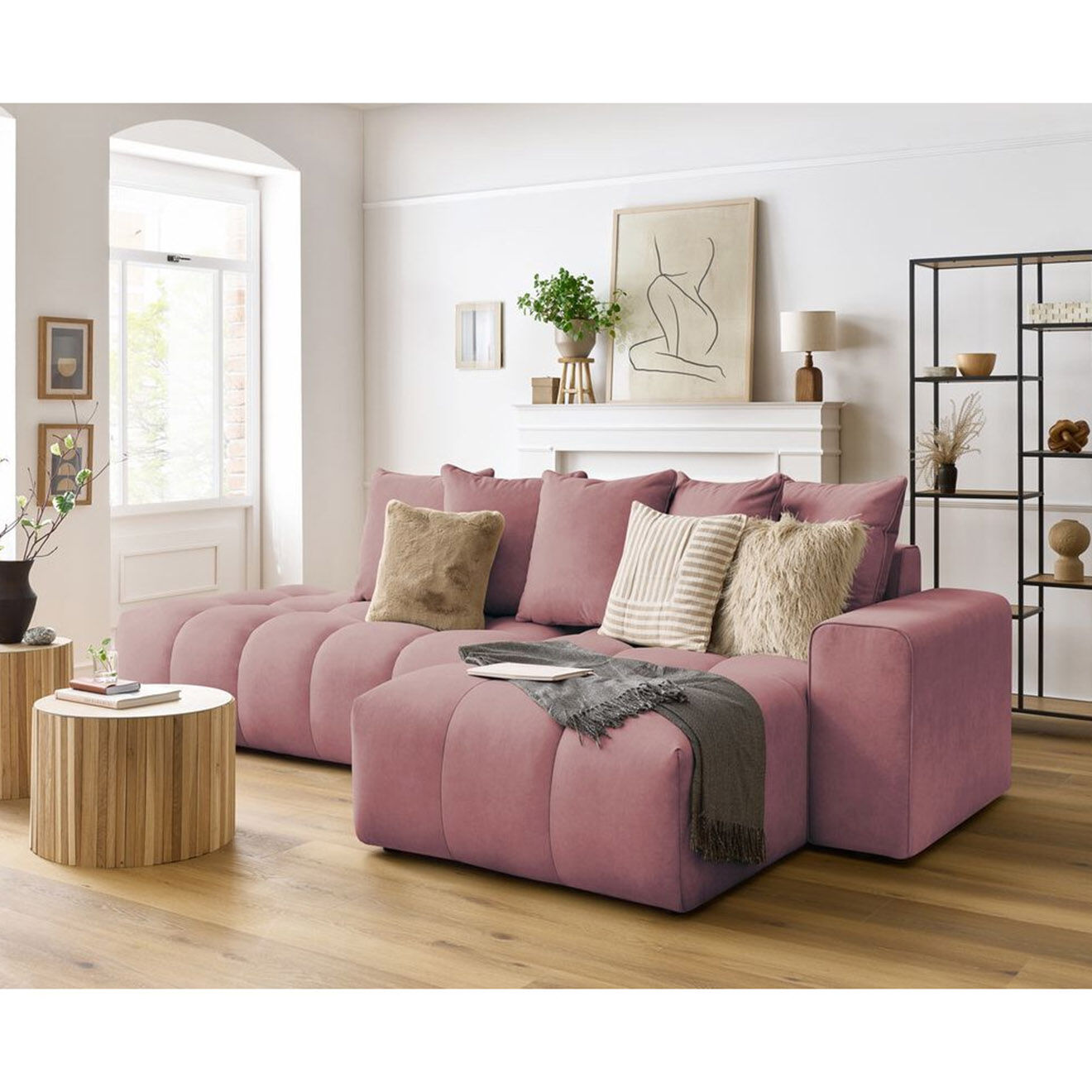 Bobochic Canapé d'angle fixe mont-blanc velours angle droit rose - 313x176x97 cm