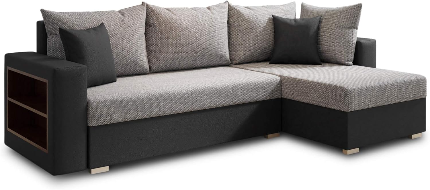 Ecksofa Lord mit Regal und Schlaffunktion - Sofa mit Bettkasten, Schlafsofa, Polsterecke, Couch L-Form, Couchgarnitur, Sofagarnitur (Schwarz + Grau (Dolaro 08 + Berlin 01), Ecksofa Rechts)