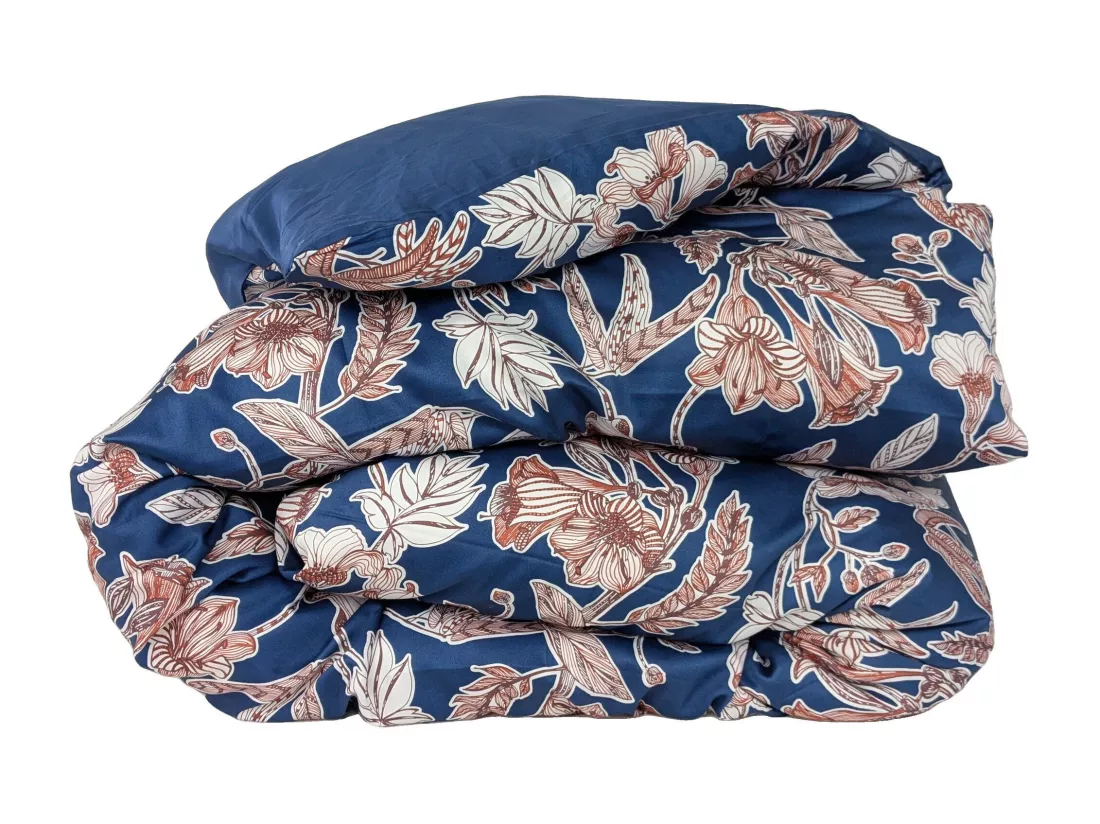 Housse de couette 240x220 cm satin de coton BOTANIC bleu Nuit
