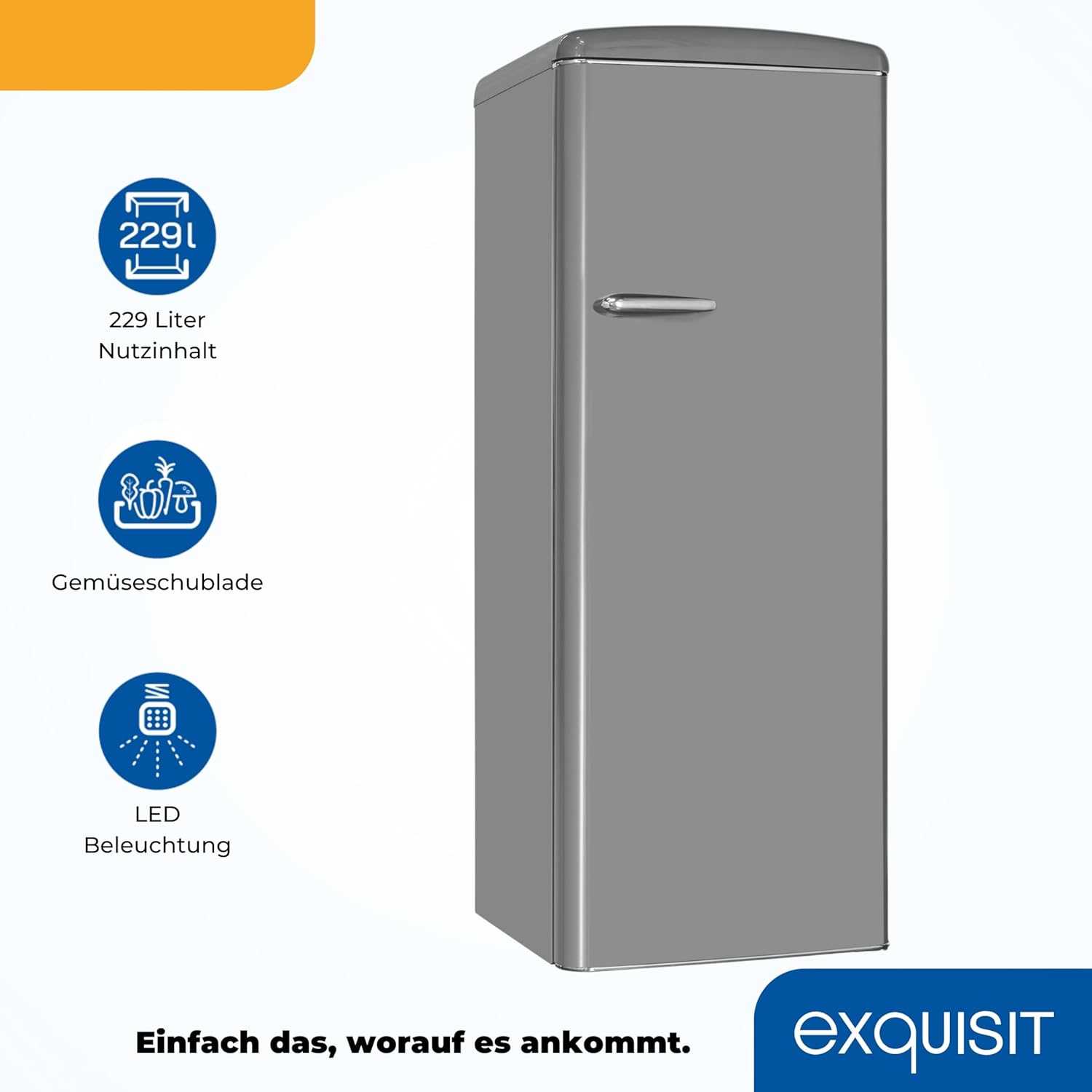 Exquisit Retro-Kühlschrank, ohne Gefrierfach, 229 Liter, groß, 5 Ablagen, Gemüsefach, Temperaturregelung, RKS325-V-H-161E grau