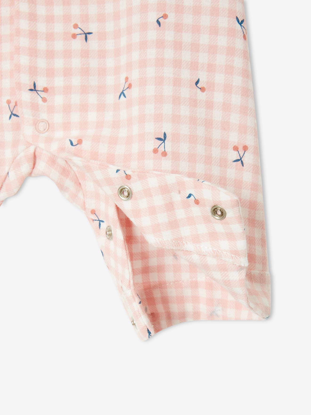 Pijama de flanela de algodão para bebê, xadrez rosa médio