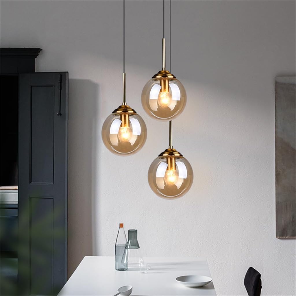 Glas Pendelleuchte Esstisch Hängelampe, Pendellampe 3-flammig Glas Lampenschirm Modern Design Kreative Hängeleuchte Höhenverstellbar Wohnzimmer Schlafzimmer Küche Leuchte Dekoration(Amber,3 heads)