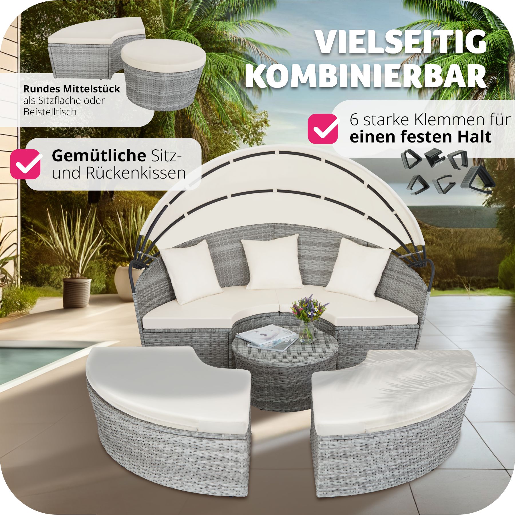 tectake® Rattan Sonneninsel, mit Aluminiumgestell, klappbares Sonnendach, variabel aufstellbar