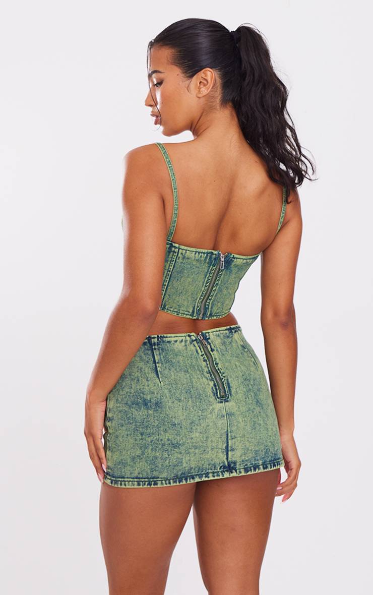 Top Corset En Denim À Teinte Verte Et Ourlet Incurvé