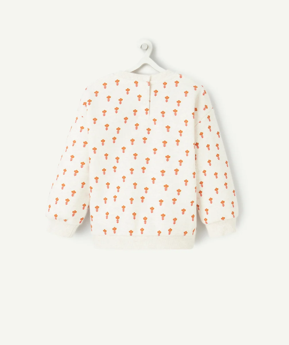 SWEAT BÉBÉ FILLE EN FIBRES RECYCLÉES ÉCRU CHINÉ IMPRIMÉ FLEURI ORANGE
