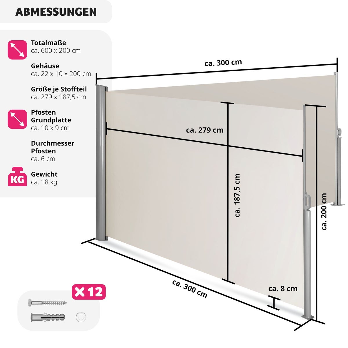 tectake dubbele zijluifel van aluminium, 200 x 600 cm