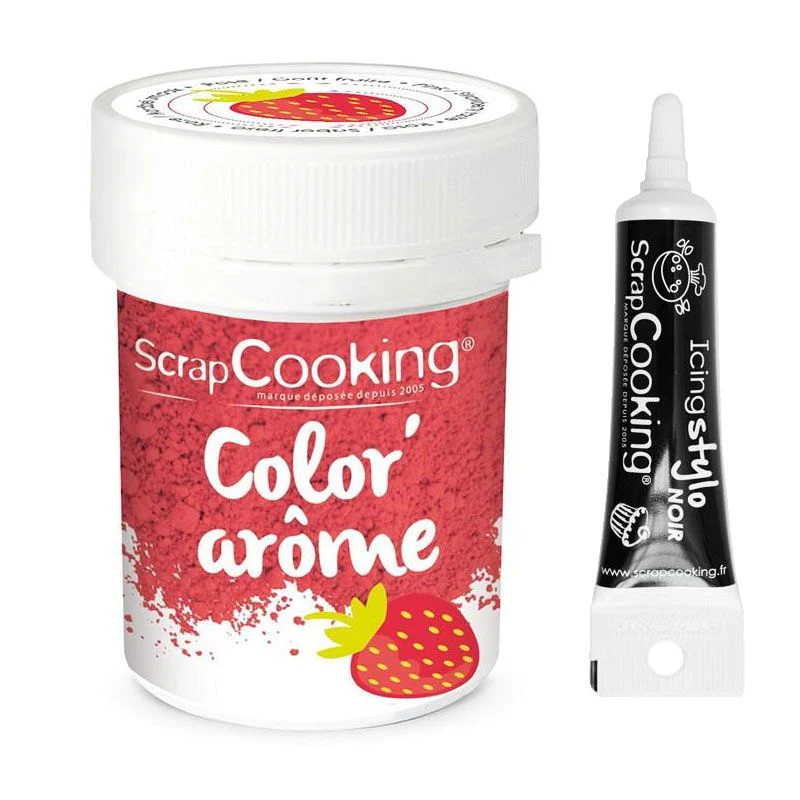 Colorant alimentaire rose arôme fraise 10 g + Stylo glaçage noir Scrap