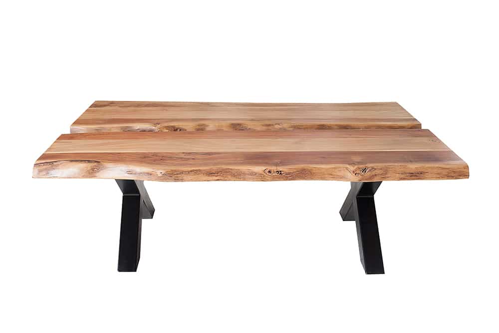 Massivholz Couchtisch AMAZONAS 105cm Akazie schwarzes Metall X-Gestell Baumkante Live Edge