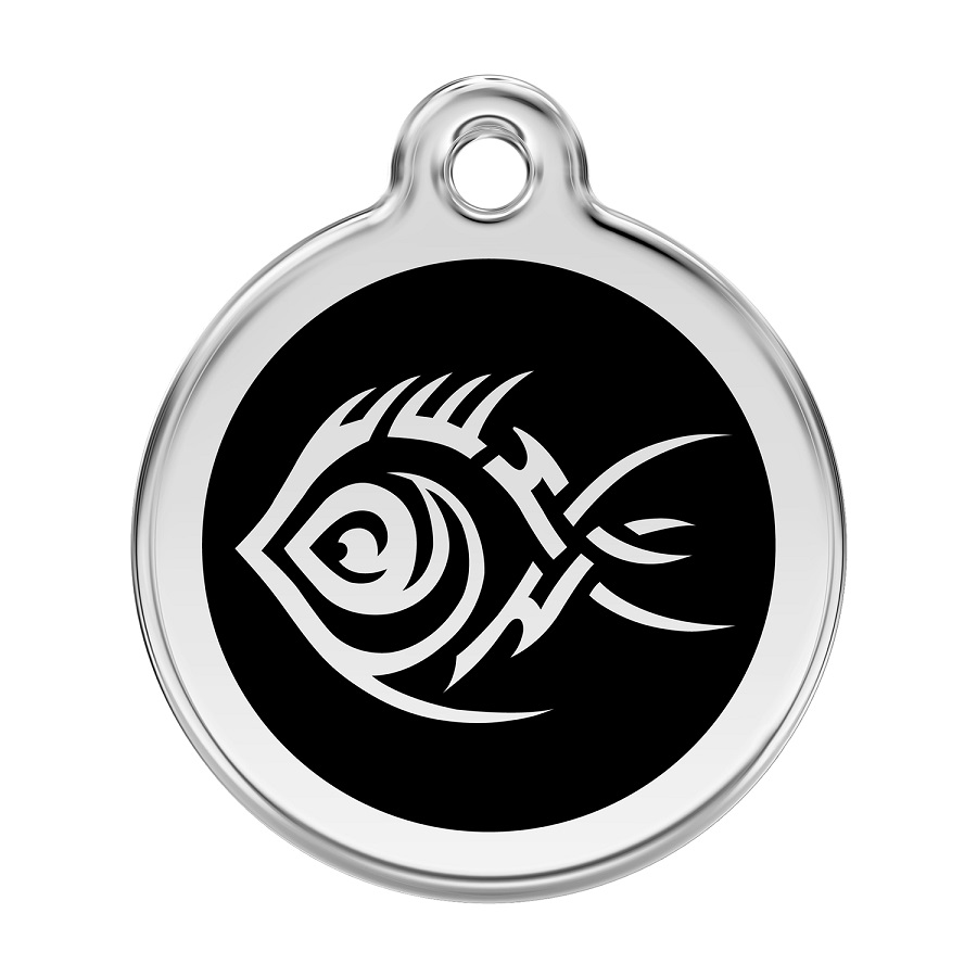 Placa de identificação para cães em aço inoxidável esmaltado com desenho tribal de peixe preto