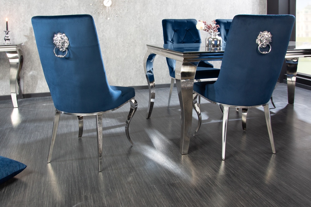 riess-ambiente Stuhl MODERN BAROCK - royalblau Samt mit silbernem Löwenkopf