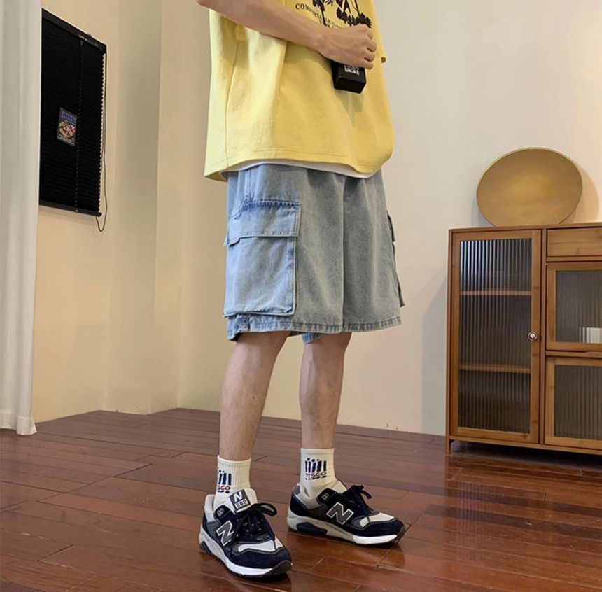 DuckleBeam - Mid Rise Washed Denim Cargo Shorts