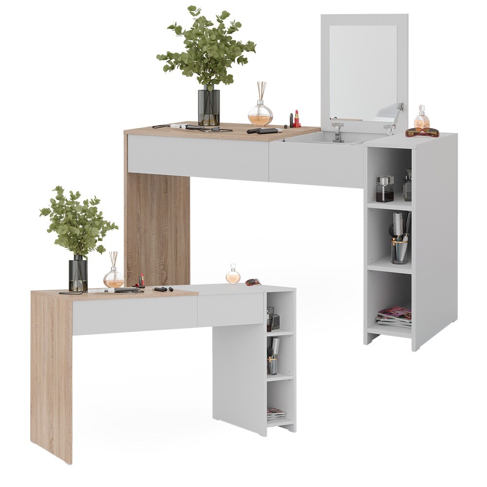 Vicco Schminktisch Kira, 129 x 76 cm, Weiß Sonoma, Frisiertisch inkl. Spiegel, modern