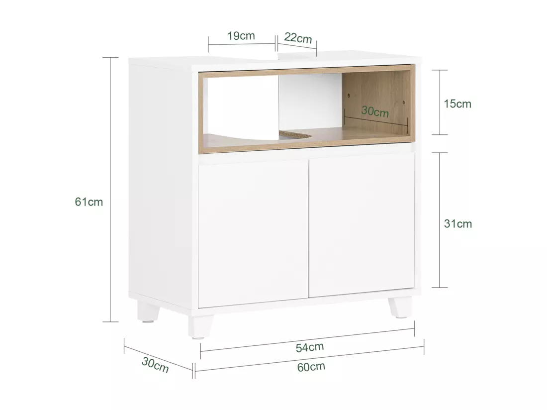 SoBuy BZR148-W Meuble sous Lavabo de Salle de Bain, Meuble sous Vasque à 2 Portes, Placard Armoire de Rangement Meuble évier de Cuisine, L60 x P30 x H61 cm, Blanc