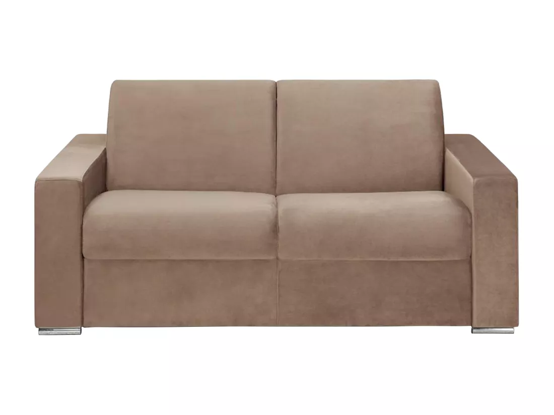 Canapé 2 places convertible express en velours beige - Couchage lattes larges 120 cm - Matelas 16 cm avec mousse à mémoire de forme CALITO