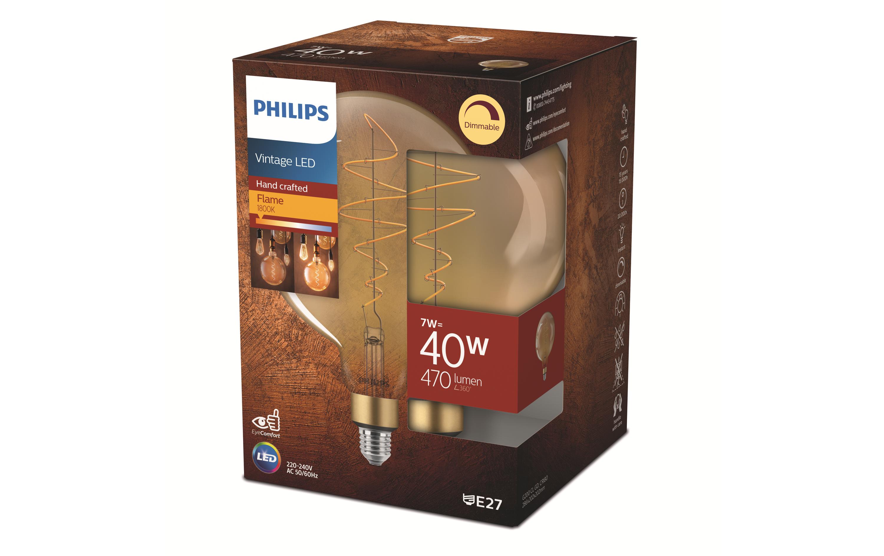 Lampe LED classic-giant 40W E27 G200 GOLD DIM WarmweissDekoratives LED-Leuchtmittel G200 mit sichtbarem Glühfaden und flammenfarbiger Farbtemperatur
