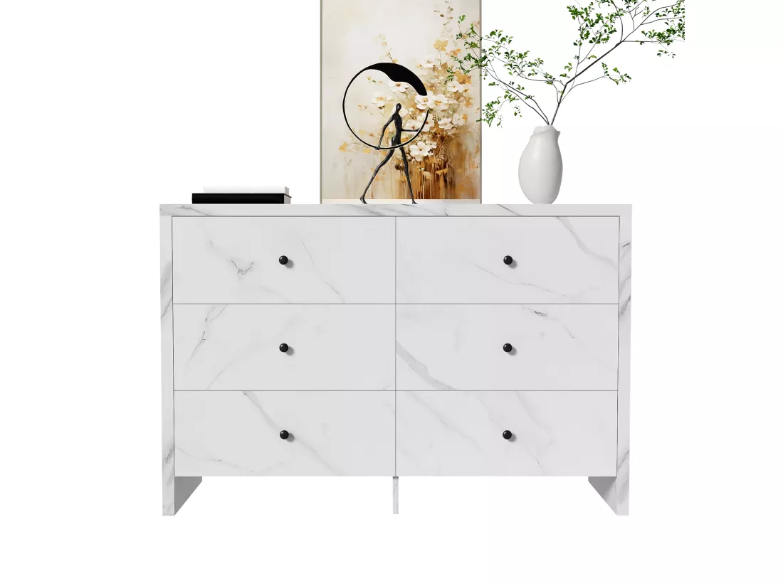 Buffet avec 6 tiroirs - 120 x 40 x 80 cm - Aspect marbre - Panneau de particules et poignée en bois noir - Blanc