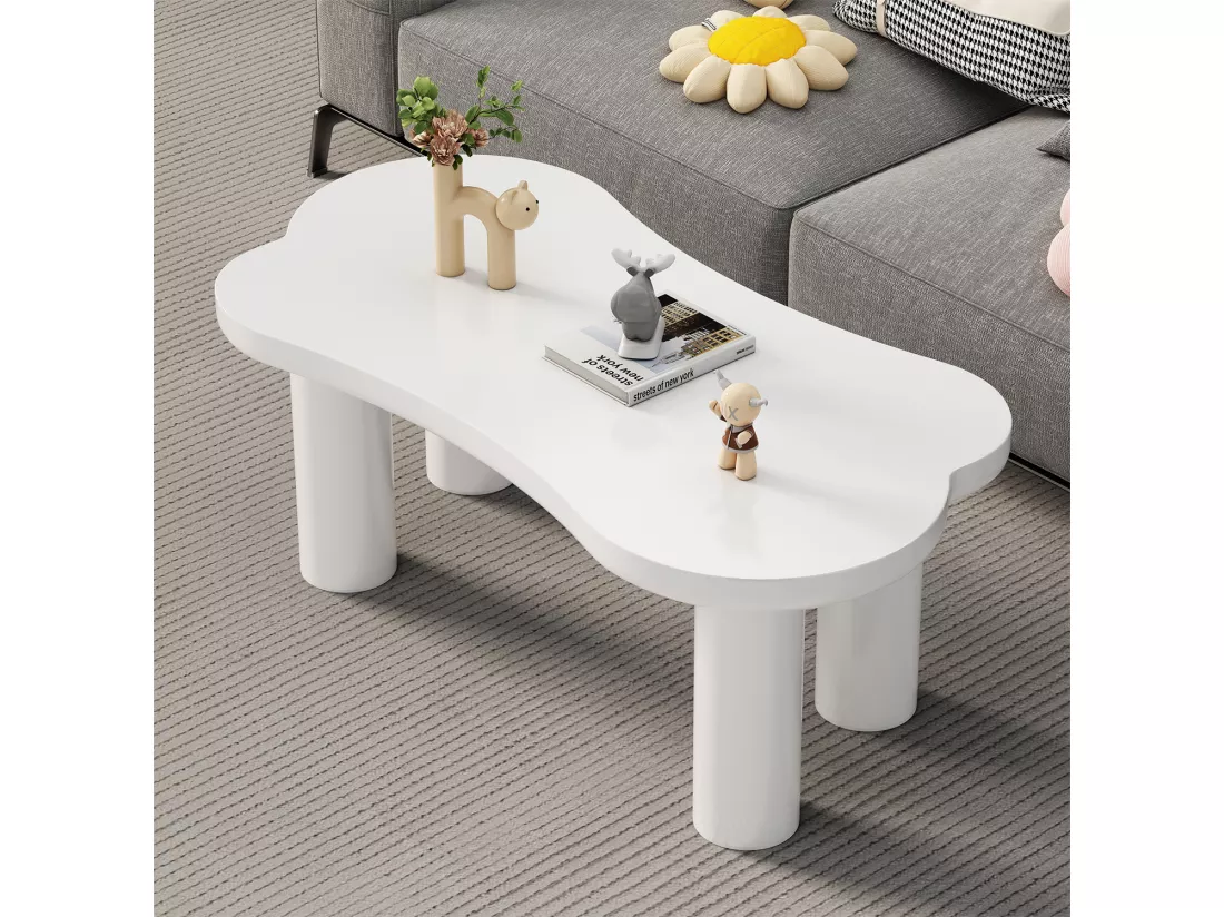 Table basse irrégulière en forme d'os, plateau en MDF et pieds en PVC, table basse unique avec sous-couches en feutre, dimensions : 113 cm de longueur, 58 cm de largeur, 40,5 cm de hauteur