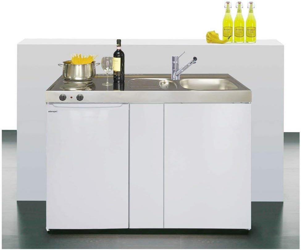 Stengel Miniküche Easyline ME 120 kleine Küchenzeile mit Kühlschrank und Kochfeld, Pantryküche, Kompaktküche - Farbe: weiß/Breite: 120cm