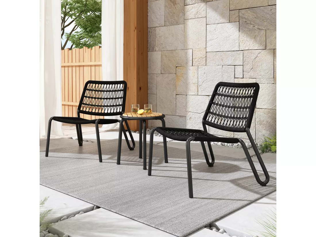 Lot de 3 salon de jardin en acier galvanisé - 2 fauteuils ergonomique et une table d'appoint ronde - charge max 160kg - Noir