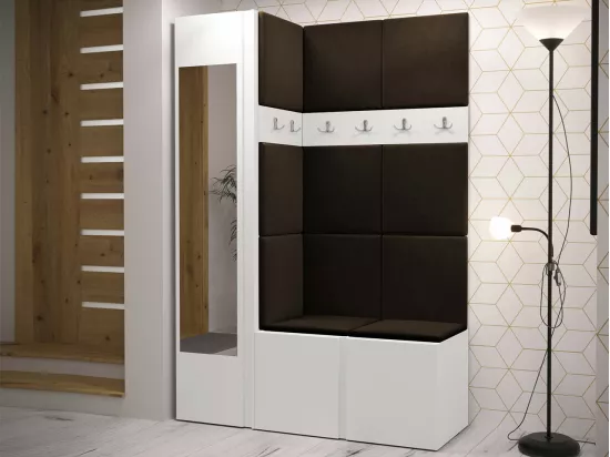 Meuble d'entrée Hartford 277, 186x124x46cm, Miroir, Blanc|Marron, Tapisserie|Stratifié