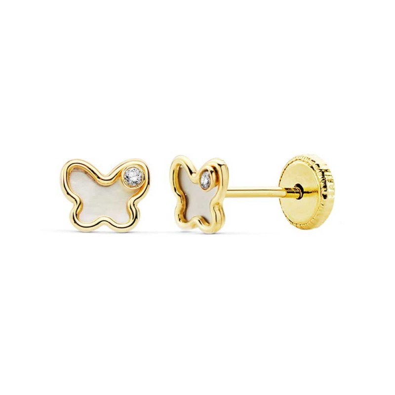 Boucles d'Oreilles Or 18 Carats 750/000 Jaune et Nacre - Papillons