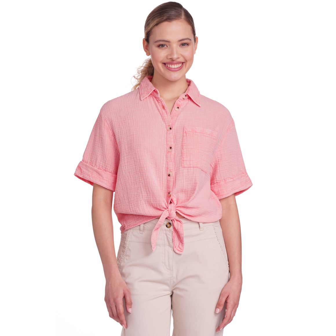 Gina Damen Musselin-Bluse mit Brusttasche rosa