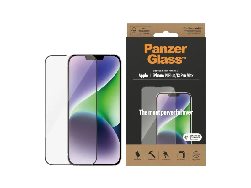 PanzerGlass™ | Antibacterial - Skærmbeskytter for mobiltelefon - Ultra-Wide Fit - rammefarve sort | Apple iPhone 13 Pro Max/14 Plus
