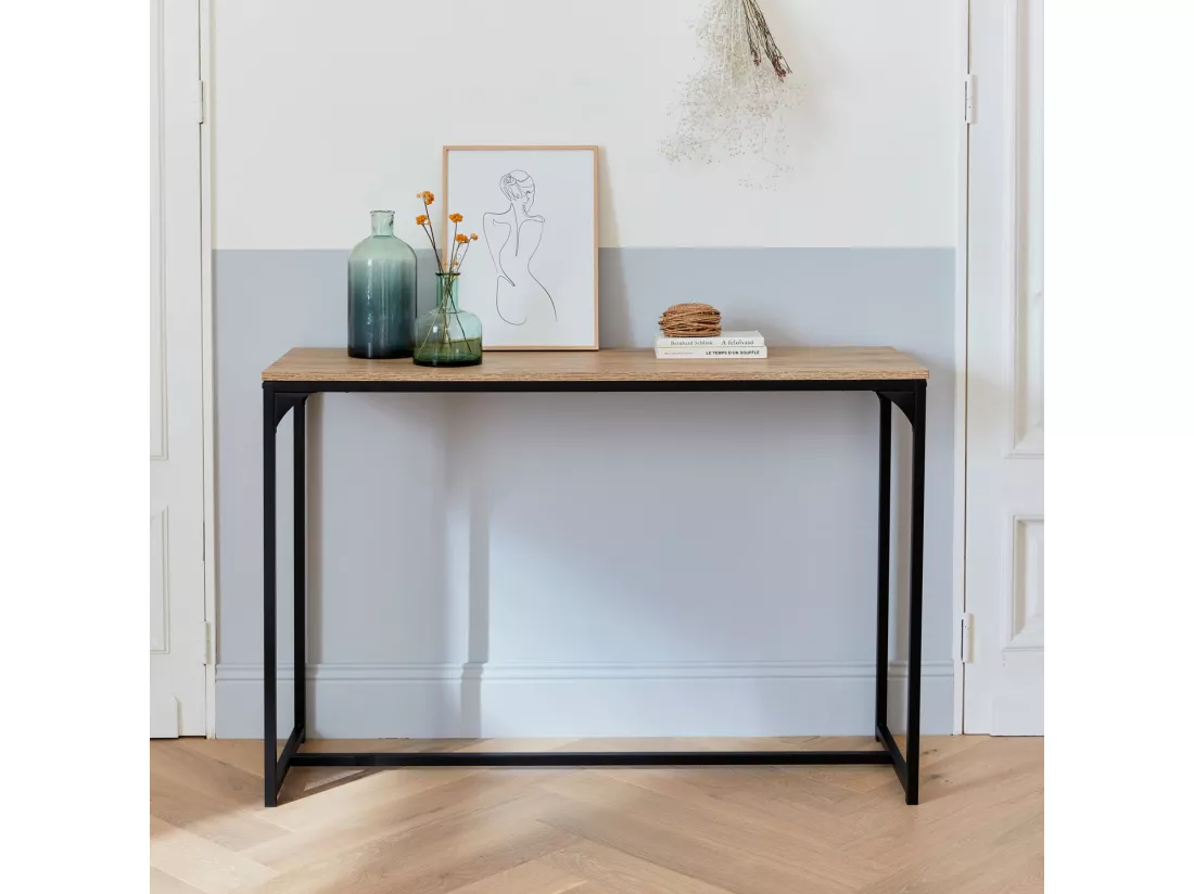 Console en métal noir et décor bois. 120x39x79cm - Loft - table d'appoint avec 1 barre de renfort