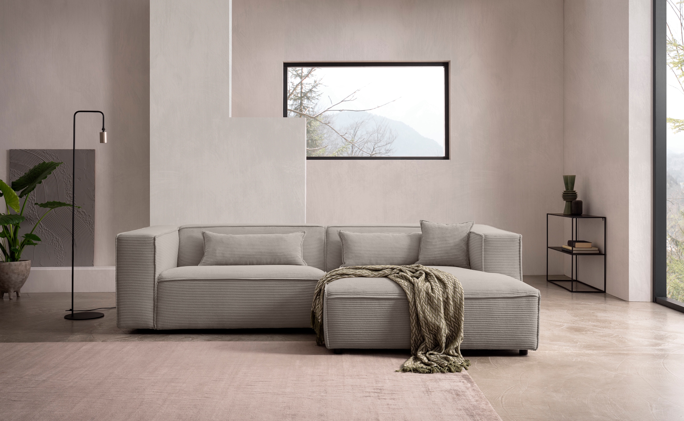 LeGer Home by Lena Gercke Ecksofa »PIARA mit Kedernaht, Cord, Leinenoptik o. Strukturstoff, Couch, L-Form« wahlweise Ottomane rechts/links, schwarze Füsse, bequemer Sitzkomfort