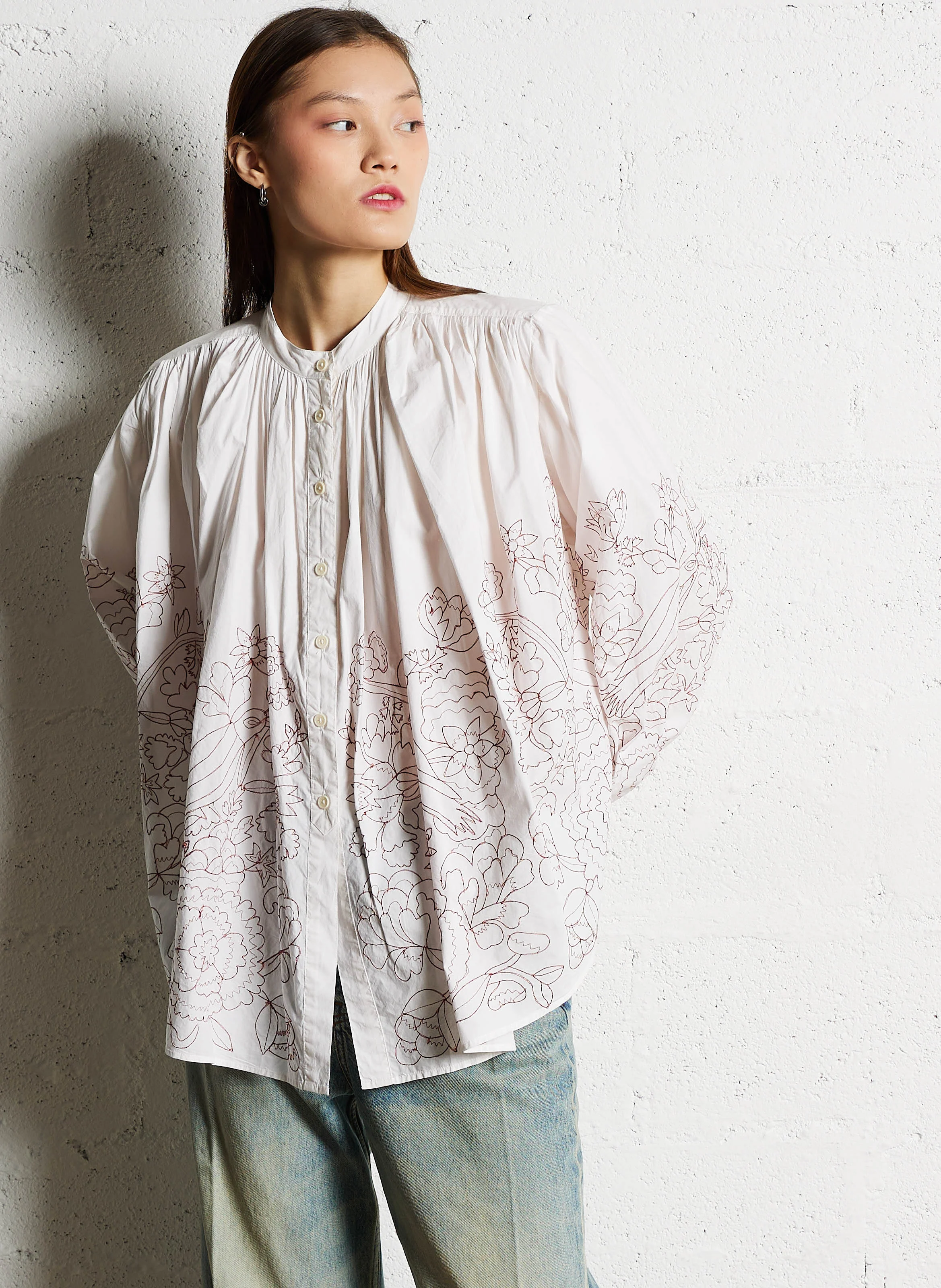 POPPY - Chemisier col rond ample en coton brodé | Blanc