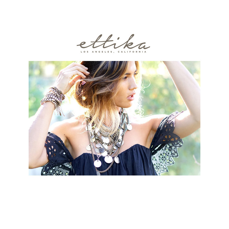 Ettika - Bracelet en Or Jaune et Rubans Cuir Tressé Marron et Argenté