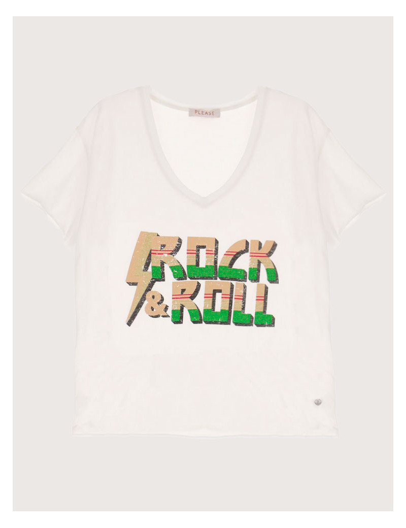 PLEASE T-SHIRT MANCHES COURTES ROCK'N'ROLL BLANC