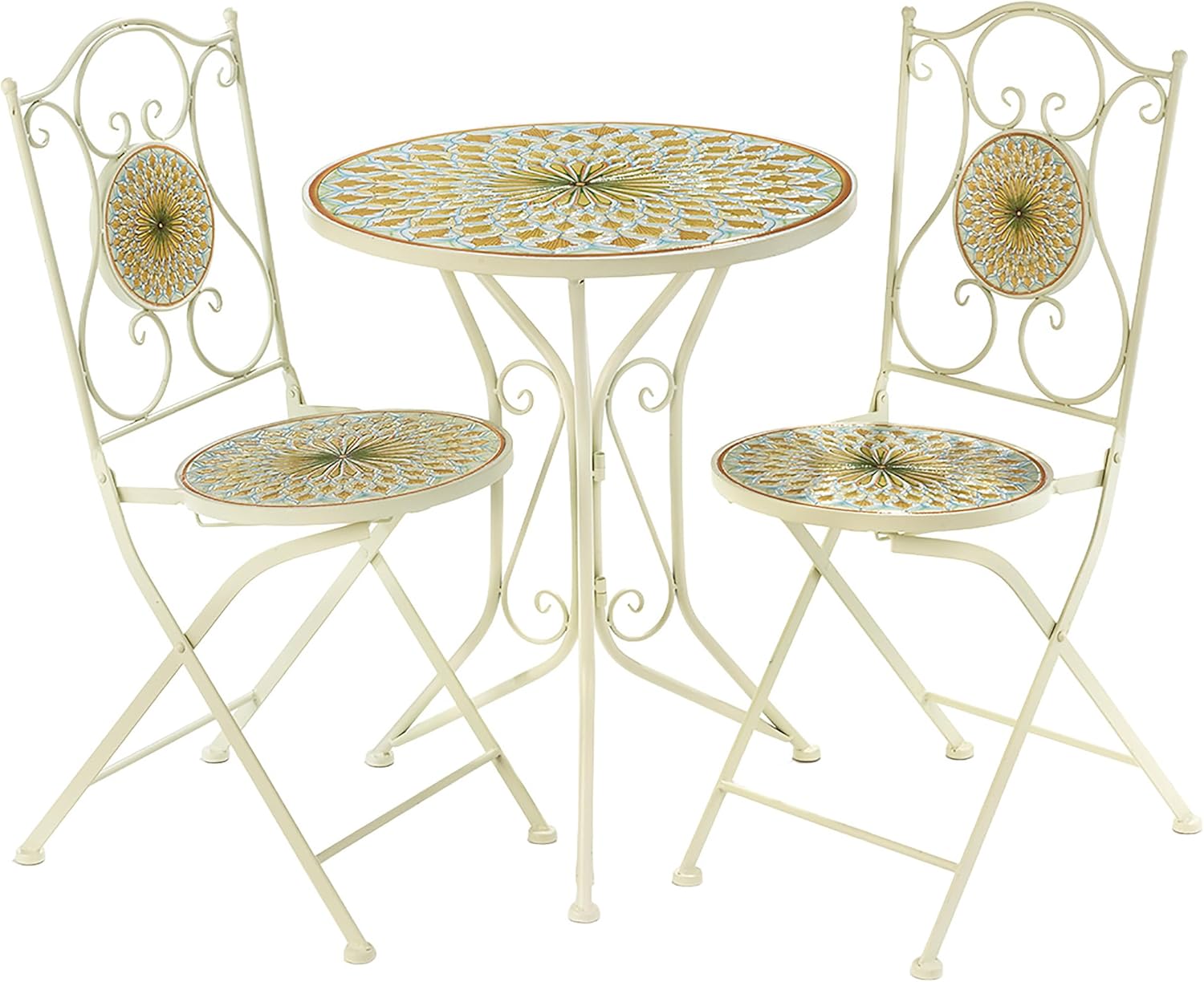 Kobolo Tischgruppe MOSAIKOPTIK | 3-teilig | weißer Metalltisch mit 2 passenden Klappstühlen | stilvolles Bistro-Set für Garten, Balkon, Terrasse | Gartenmöbelset im mediterranen Landhausstil